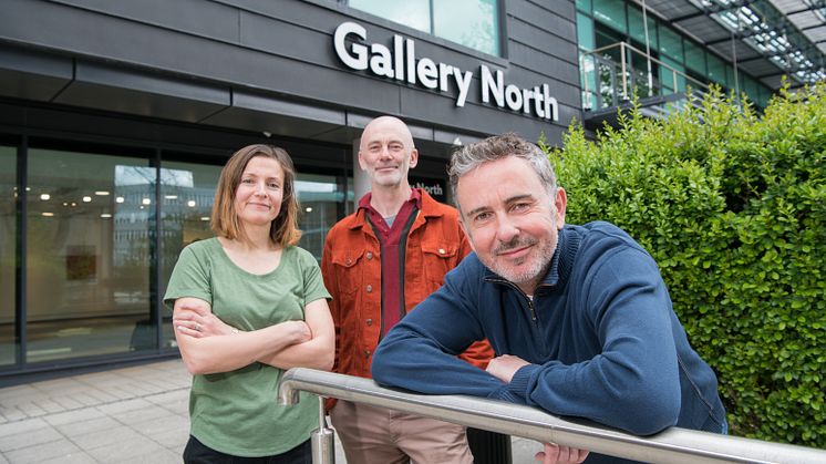 MFA student Celia Burbush, MFA co-Programme Leader Gavin Butt and Deputy Head of Arts, Steve Gilroy, are pictured outside the new look Gallery North.