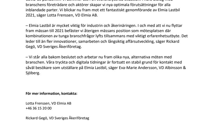 Elmia Lastbil flyttas fram till 2021