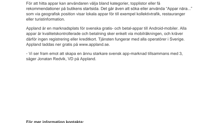 Appland startar samarbete med mobiloperatören 3