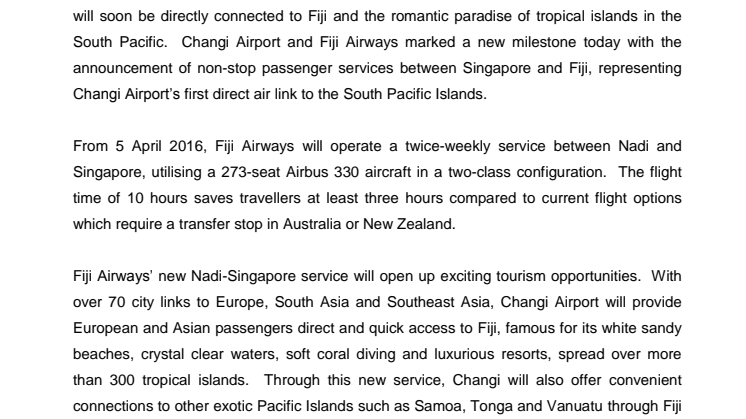 From April, non-stop flights from Singapore to Fiji