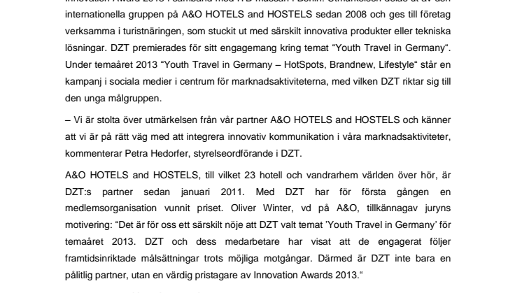 DZT får Innovation Award 2013