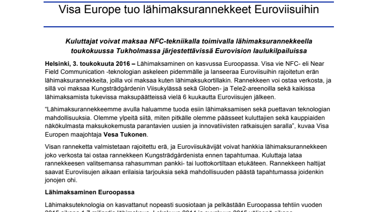 Visa Europe tuo lähimaksurannekkeet Euroviisuihin