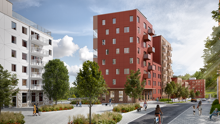 Visionsbild torget vid det nya bostadsområdet vid campus Flemingsberg (bild: Kirsch+Dereka Arkitekter)