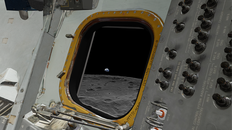 Visualisering av jorduppgång över månens yta, baserad på det ikoniska fotografiet taget av Bill Anders under Apollo 8-uppdraget. OpenSpace/Visualiseringscenter C.