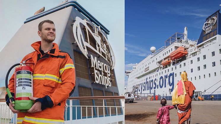 Mercy Ships medarbetare med en CGS AVD-brandsläckare – en donation från GPBM Nordic som stärker säkerheten ombord.