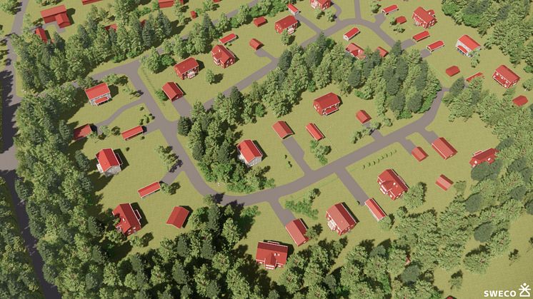 I Baggböle planeras för fler villatomter. Illustrationen visar en möjlig utformning inom planområdet. Illustration: Sweco