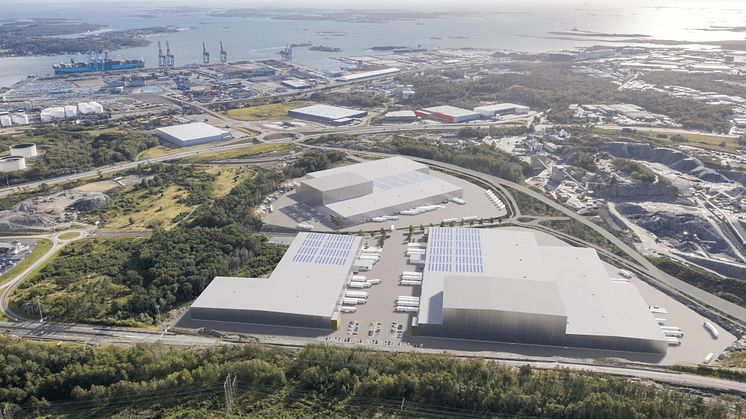 Tidig visionsbild över den nya hamnnära logistikparken på Halvorsäng där OneMed blir första hyresgäst. Bild: Castellum/Göteborgs Hamn