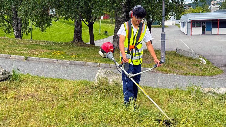 Mikael (15) bruker tre uker av årets sommerferie på å jobbe for Bydel Stovner. Han er glad for å kunne bidra til å holde det fint i bydelen.