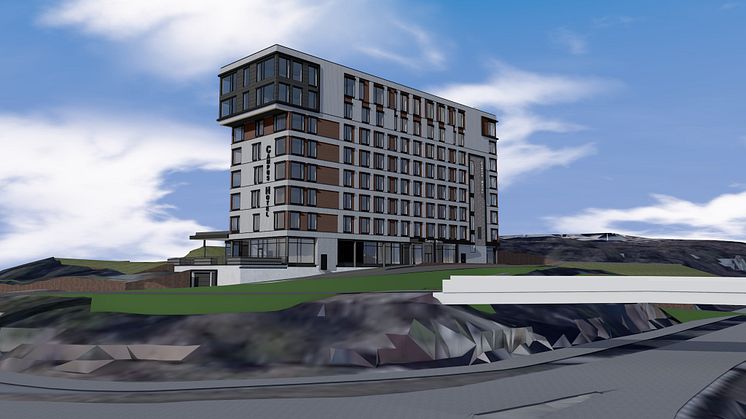 SLIK BLIR COMFORT HOTEL GRIMSTAD: Skisse av det nye hotellet i Sørlandets Teknologipark i Grimstad.