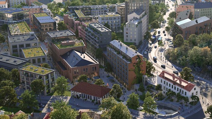 Visionsbild MölnDala Fastighets AB/TMRW: Forsåkers norra del där Jutabos nya bostadskvarter är placerat nära bruksbyggnaderna, forsen och Kvarnbygatan som omvandlats till ett stadsstråk.