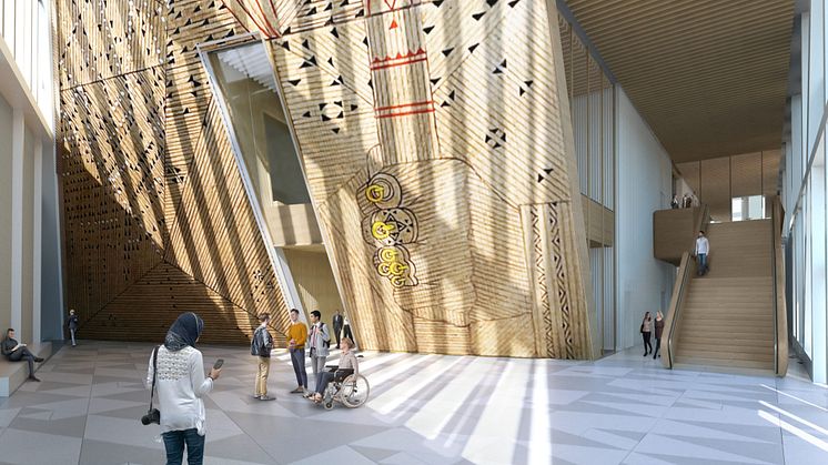 Illustrasjonene viser en skisse av Outi Pieskis verk AAhkA i pyramiderommet ved hovedinngangen til A-blokken i det nye regjeringskvartalet. Illustrasjoner: Statsbygg/Team Urbis