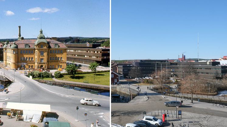 Bild som visar polishuset i Falun, för 50 år sedan och nu.
