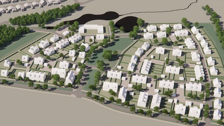 Illustration som visar planerade hus med inslag av träd och gröna ytor. 
