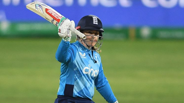 Tammy Beaumont celebrates her 50 runs. Photo by Lee Warren/Gallo Images/Getty Images