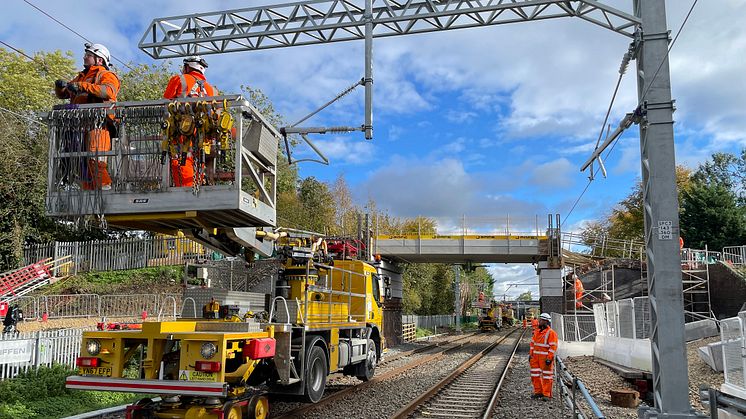 Network Rail engineers carry out wiring work on the Midland Main Line
