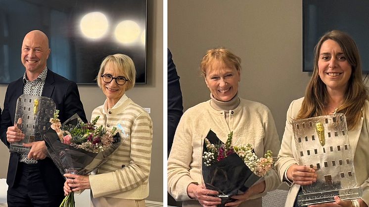 Manne Aronsson och Cecilia Pehrsson från Aspelin Ramm, Gunilla Flygare och Carolina Larsen Lunds kommuns fastighets tog emot Fastigopriset 2025.