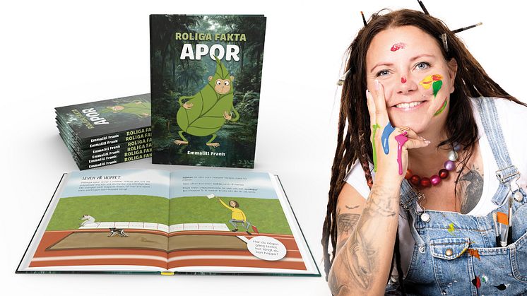 Skojig bild på författaren och illustratören Emmalill Frank med målarfärg i ansiktet tillsammans med den nya boken. 