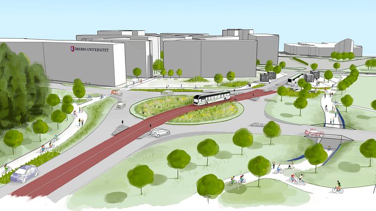 Illustration över hur Universitetsrondellen kommer se ut när arbetet med att anpassa gatan för Citylinjen är färdigt. Bild: Örebro kommun
