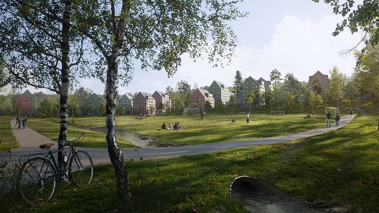 Illustration som visar hur bebyggelsen kan komma att upplevas från Campusparken. Illustration: Sunnerö Arkitekter/Visulent.