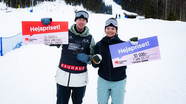 Hejaprisvinnare Felix Axelsson, Massa Brudar, och Tova Nejne, Klimpfjälls Alpina, säsongen 2023/2024. Foto: Daniel Bernstål. 