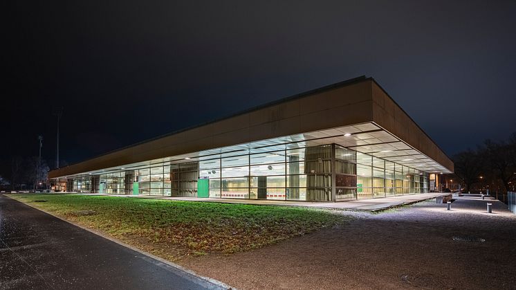 Den modernistiska Landskrona idrottshall invigdes 1965 och var ett av den danske arkitekten Arne Jacobsens sista stora projekt. Foto: Oskar Fäldt.