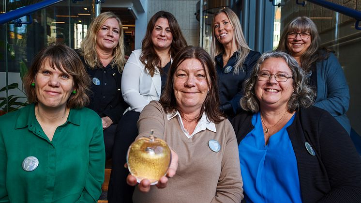 Lärarlaget på Lindskolan, anpassad grundskola, Huddinge. vinnare av Guldäpplet 2024. Överst fr v: Nina Siirtola, Nella Celik, Jenny Pettersson, Annett Andersson. Nedre rad fr v: Helena Perlskog, Catrin Tall och Katarina Sjöberg. Foto: Caisa Rasmussen