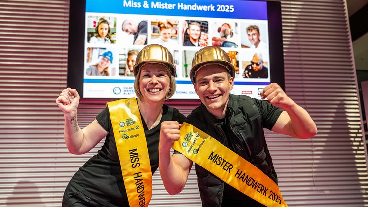 Beton- und Abbruchtechnikerin Katja Lilu Melder und Fleischer Marius Karl Hanten tragen nun den Titel Miss und Mister Handwerk 2025. Foto: Thomas Plettenberg/Verlagsanstalt Handwerk