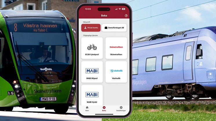 Bildmontage Skånetrafiken buss och tåg med EC2B appen