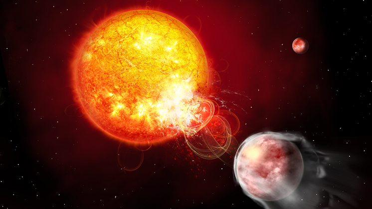 Illustration av när planetens och stjärnans magnetfält kopplar samman och orsakar facklor.