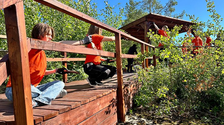 Ungdomar i orange t-shirts oljar in en träkonstruktion.
