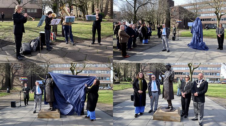 At the re-unveiling of the Victoria Wood statue are (from left) Cllr Charlotte Morris; Chris Foote-Wood; the Mayor and Mayoress, Cllr Khalid Hussain and Mrs Carol Bernstein.