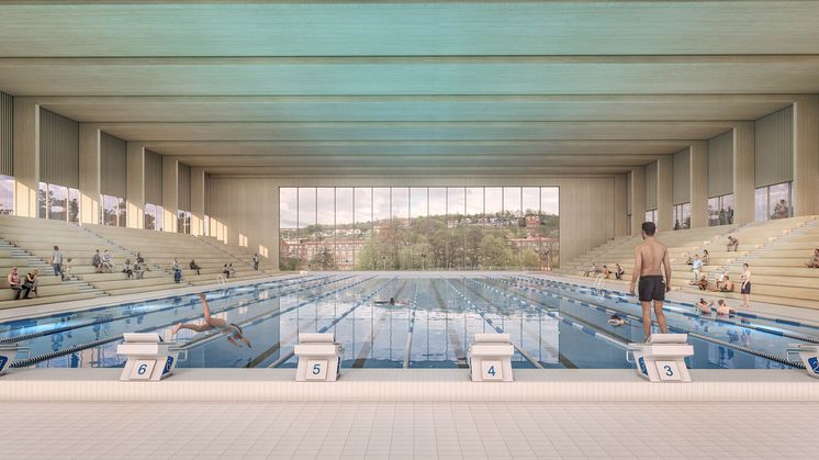 Interiörbild på tävlingsbassäng med panoramafönster mot Gårda. Visionsbild: Norconsult.