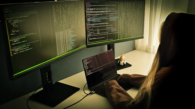 En hacker som sitter framför 3 skärmar