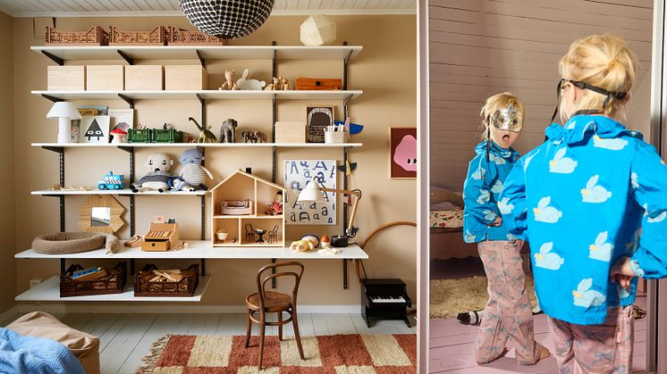 Toys and books in a Sparring shelving system, and a child making faces in a mirror.