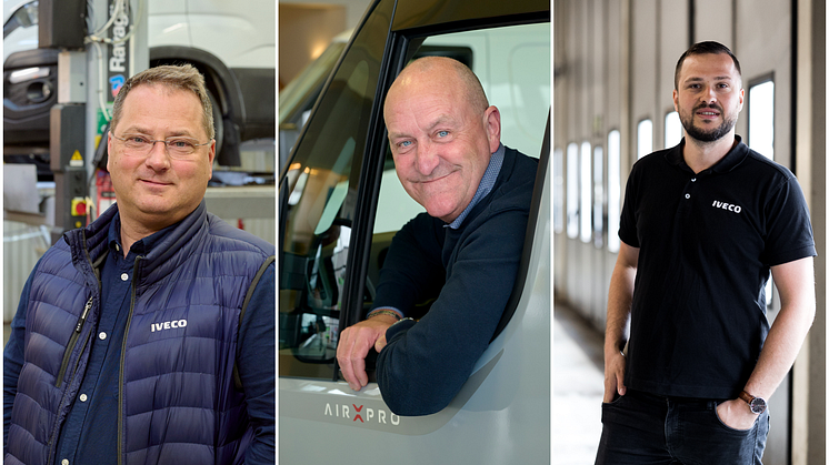 Tre erfarna medarbetare står nu redo att ta rodret som platschefer på IVECO:s tre svenska anläggningar. Fr.v.: Joakim Mattsson i Helsingborg, Bengt Petersson i Malmö och Anel Mujic i Göteborg
