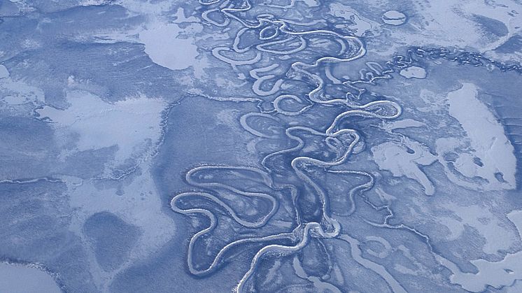 Flygbild över floder i nordöstra Sibirien som är kända för att avge gammalt kol. Foto: University of Bristol