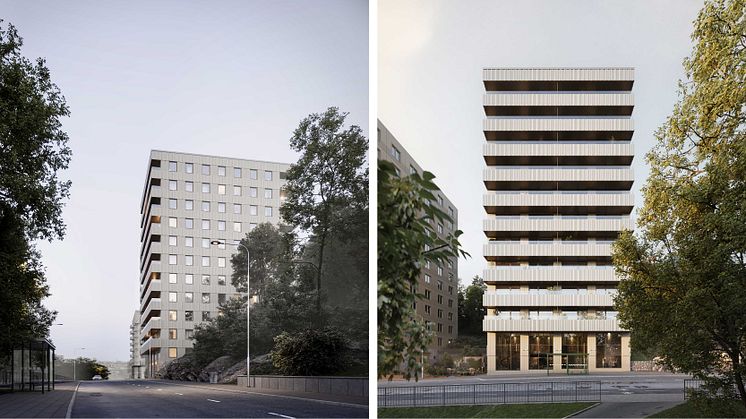 Till vänster syns huset skjuta fram ur berget och sträcka sig upp mot himlen med den västra fasaden i fokus. Till höger syns huset rakt framifrån, sett från Mariedal/Karlbergssjön. Den vågformade fasaden ger ett nästintill textilt uttryck och passar 