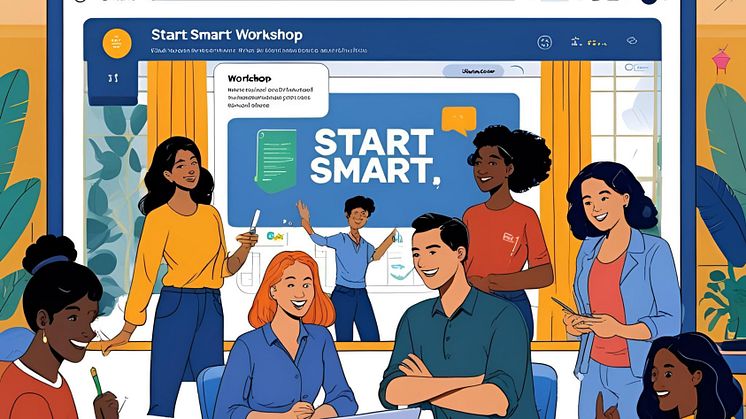 KI-generiertes Bild für die Workshopreihe Start Smart im Comic-Stil mit Teilenehmenden in einer Workshopsituation