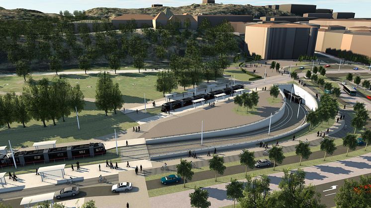 Visionsbild på Lindholmsförbindelsen på den utbyggda hållplatsen vid Linnéplatsen. 