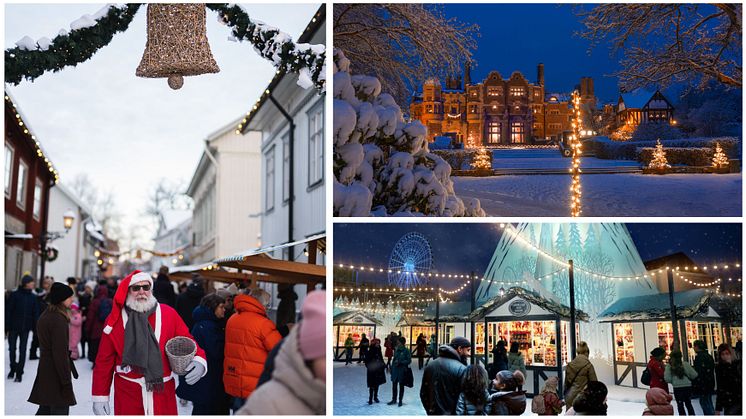 Jul i Sverige. Julemarked Wadköping, foto: Visit Örebro.Tjolöholms Slott, foto: Will Rose. Liseberg julemarked, foto: Liseberg AB.