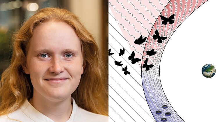 Uppsaladoktoranden Ida Svenningsson har analyserat data från de fyra MMS-satelliterna för att öka kunskapen om energiflöden i rymden nära jorden och i solsystemet. Foto: Mikael Wallerstedt/Uppsala universitet. Illustration: Ida Svenningsson