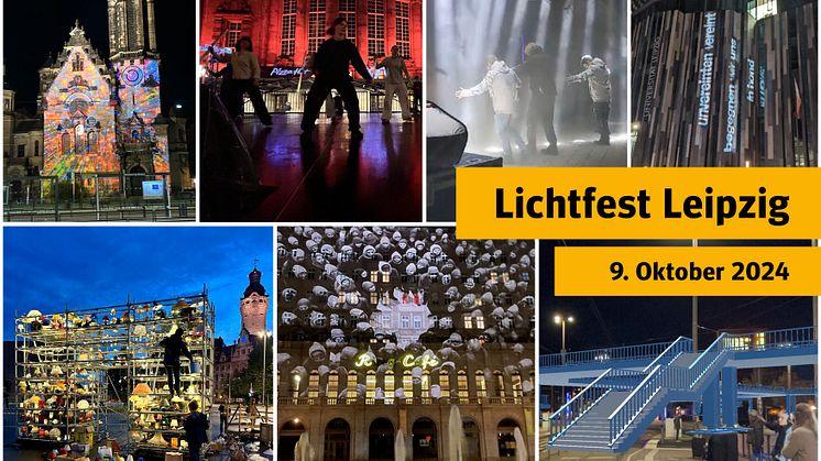 Lichtfest Leipzig 2024: Collage mit Eindrücken vom Aufbau und den Proben - Collage und Fotos: © LTM GmbH