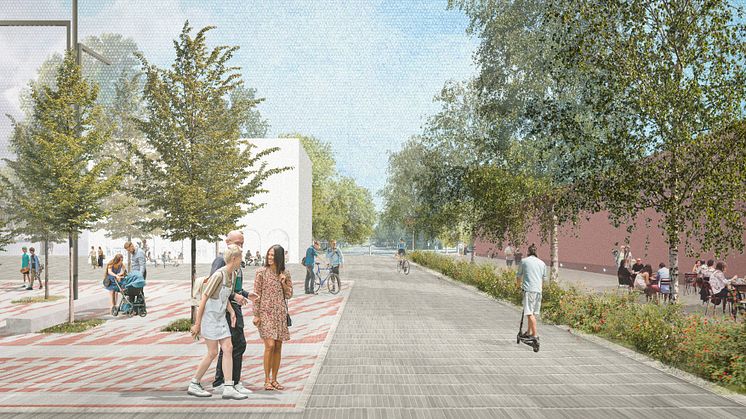 Den nya Västergatan – länken mellan den gamla stadskärnan och den nya stadsdelen Västermalm är en lummig stadsgata där gående och cyklister är prioriterade.  Illustrationer: New Environments + BLU.works