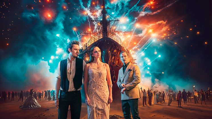 Hannes Fohlin, Anna Åström och Robin Stegmar som Jay Gatsby, Daisy Buchanan och Tom Buchanan i Gatsby. Foto Aorta.