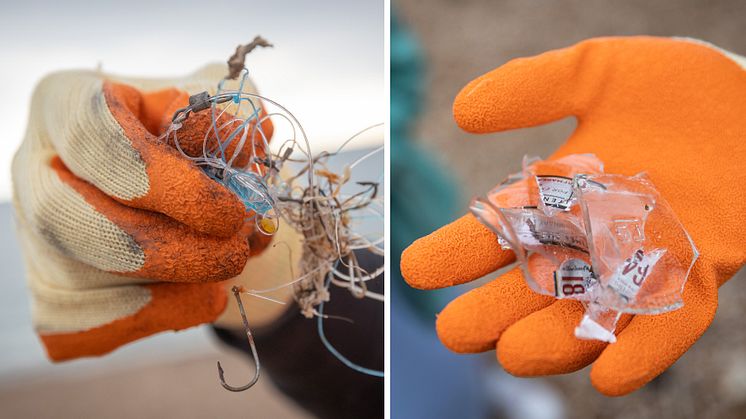 Picture shows fish hooks and shards of broken glass collected from the beach
