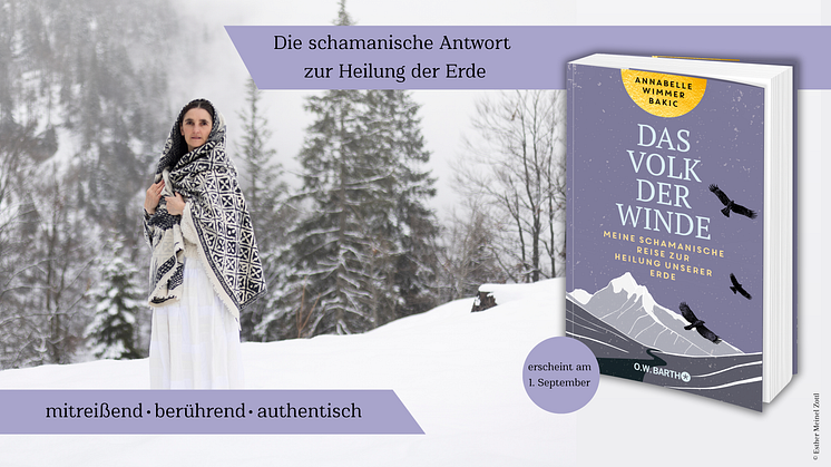 Schamanin Annabelle Wimmer Bakic vor schneebedeckten Bäumen mit ihrem Buch 'Das Volk der Winde'