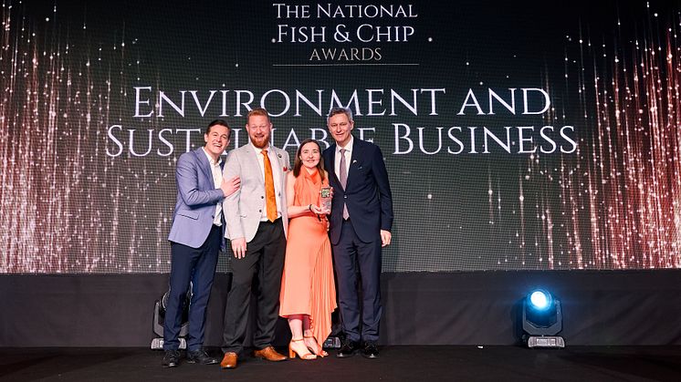 Mike & Carol Hulme, owners of Finney's, photographed with 2025 NFC&A host Matt Baker and Norwegian Ambassador to the UK HE Tore Hattrem