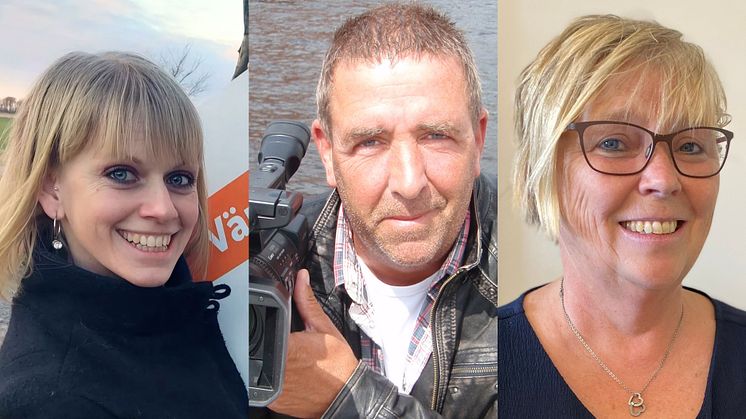 e som tar emot tre av kommunens priser 2024: Emelie Carlsson, Jan-Olof Nilsson och Världen finns här (Margareta Kihlgren Karles). Foto: Jan-Olof: Historieresan DocFilms, övriga: Privat.