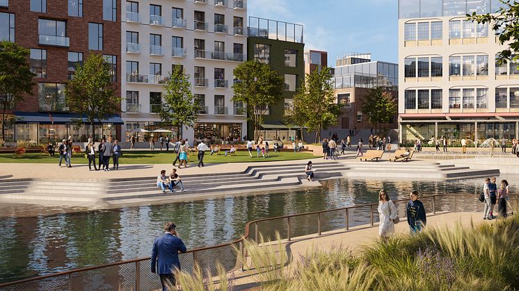 Visionsbild Mölndala Fastighets AB/TMRW: Här är det framtida Vattentorget som är centralt placerat i Forsåker vid ett av Nordrs nya bostadskvarter. 