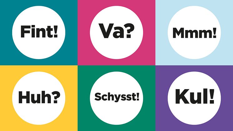 Sex färgade rutor med orden Fint, Va, Mmm, Huh, Schysst och Kul.